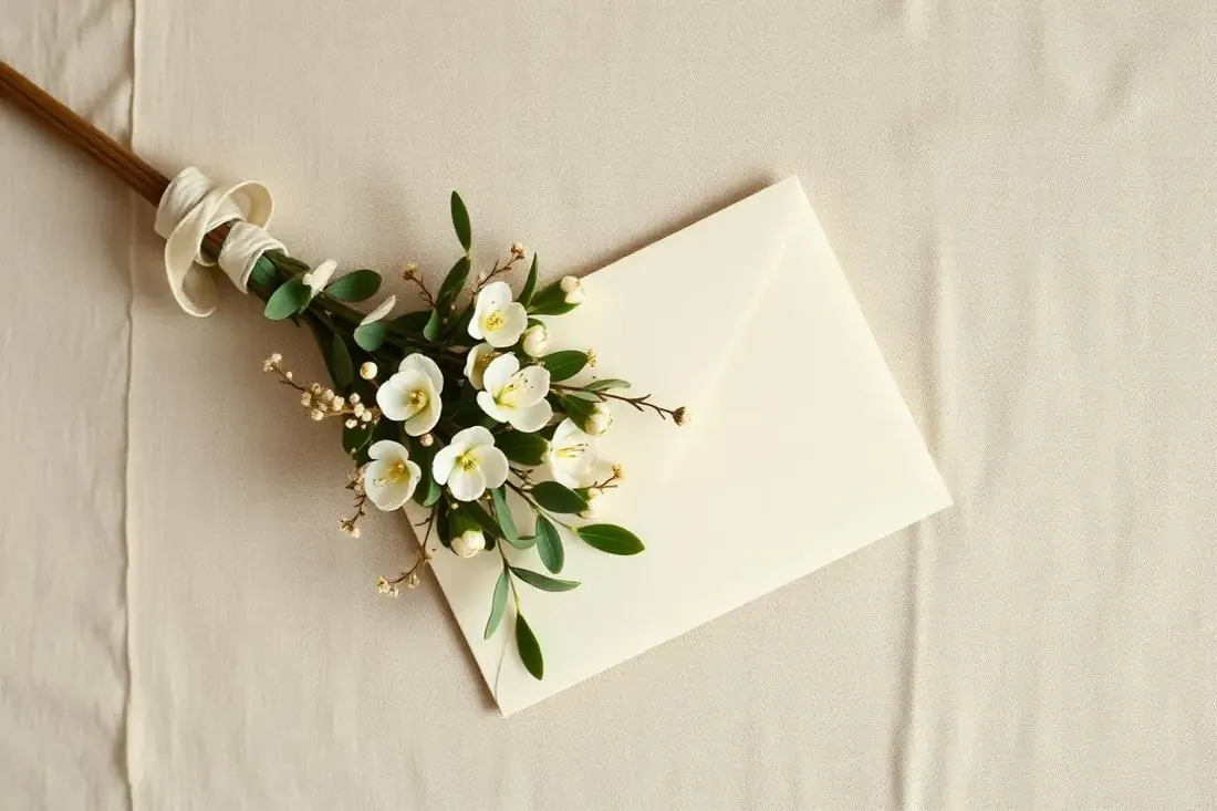 Cadeaukaart origineel verpakt tussen droogbloemen op een linnen tafelblad