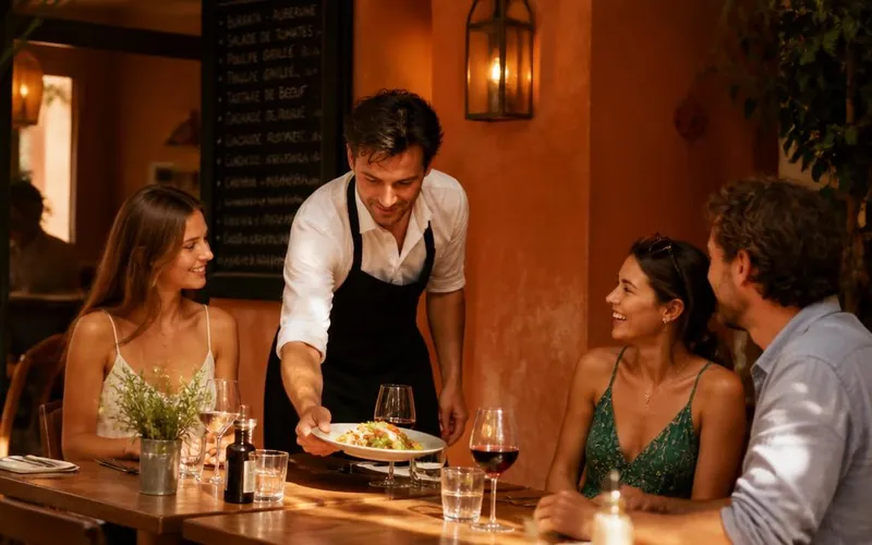 Ober serveert een gerecht in een warm bistro-interieur — sfeerbeeld bij de Diner Cadeau