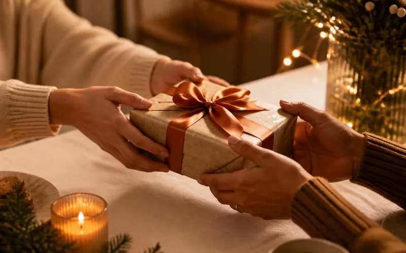 Twee handen geven een ingepakt cadeau door — sfeerbeeld bij de Nationale Cadeaukaart