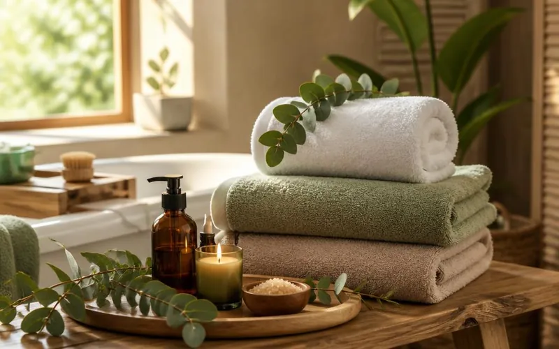 Handdoeken en kaars in een warme wellnessruimte — sfeerbeeld bij de Sauna & Wellness Cadeaukaart
