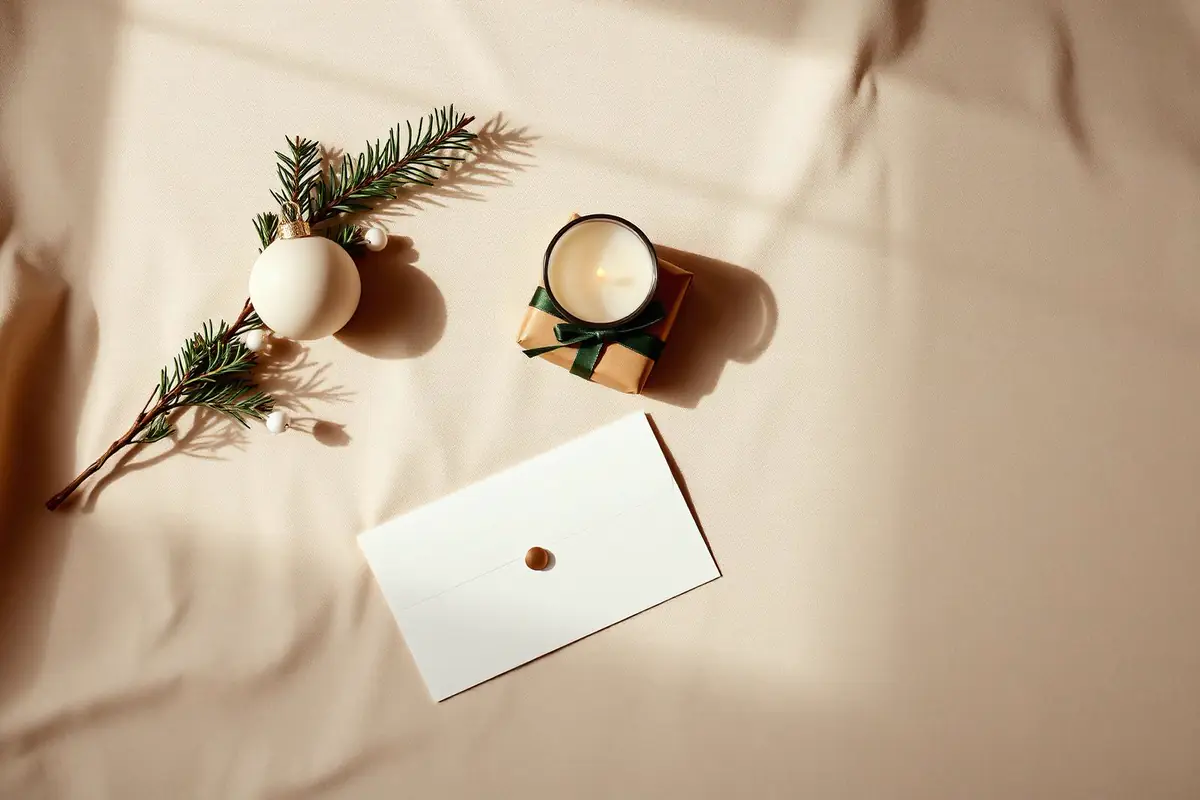 Rustig kerst-stilleven met dennentakje, kaars en cremekleurige envelop