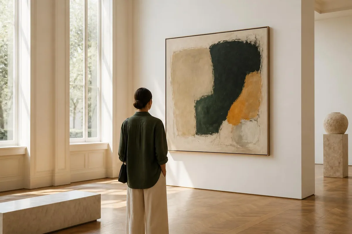Kunst en cultuur cadeaukaart, rustige museumzaal met zonlicht en schilderij