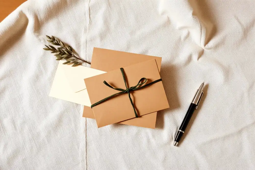 Stapeltje kraft-envelopjes met olijftakje en vulpen