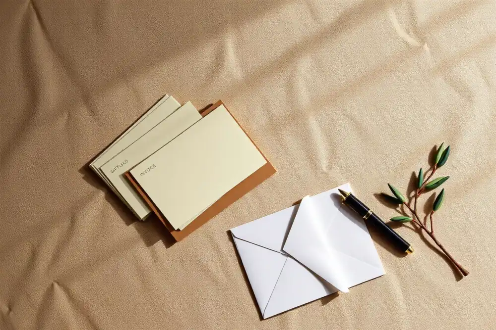 Rustig zakelijk stilleven met cadeaukaarten, factuur-envelop, vulpen en olijftakje